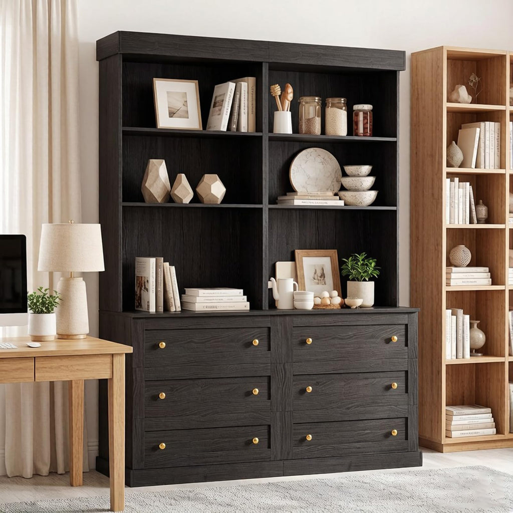 Vyre 71" Black Modular Farmhouse Bookcase Set of 3, Expandable Storage Cabinets with Glass Doors or Drawers for Home Office and Study Room