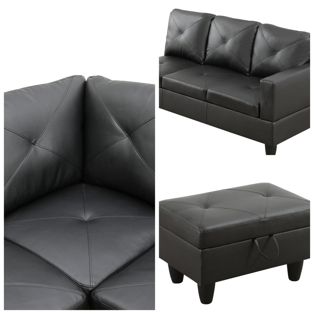 97.5" L-Shaped Modular Sectional Sofa with Movable Chaise & Storage Ottoman, 3 Piece Convertible Leather Couch, 4 Seat Gloss Black Living Room Furniture Set for Apartment Home Office