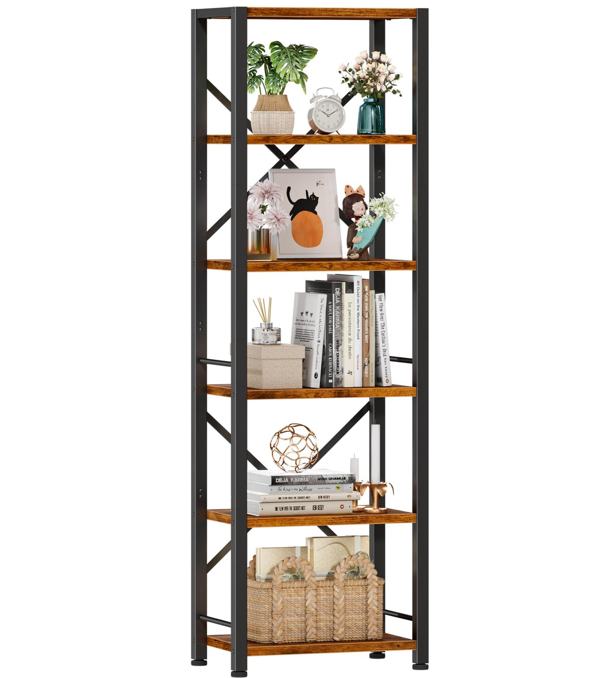 Furologee 5 Tier Book Shelf Set of 2, Tall Wide Bookshelf, Rustic Brown