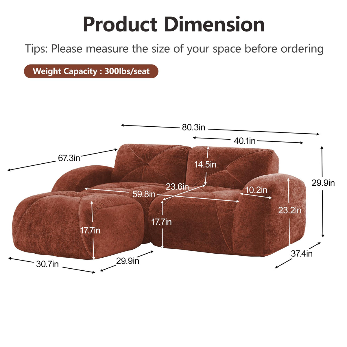 80" Sectional Modular Cloud Couch, Boneless Couch, Loveseat Red