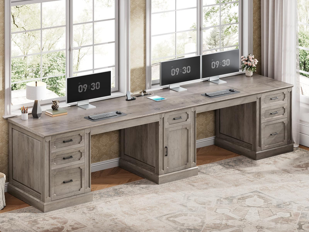 SEDETA Farmhouse 70.9" Executive Desk, Home Office Desk with File Drawers and Storage Cabinet, Computer Desk with Power Outlet for Home Office, Work Study Writing, Black+Brown