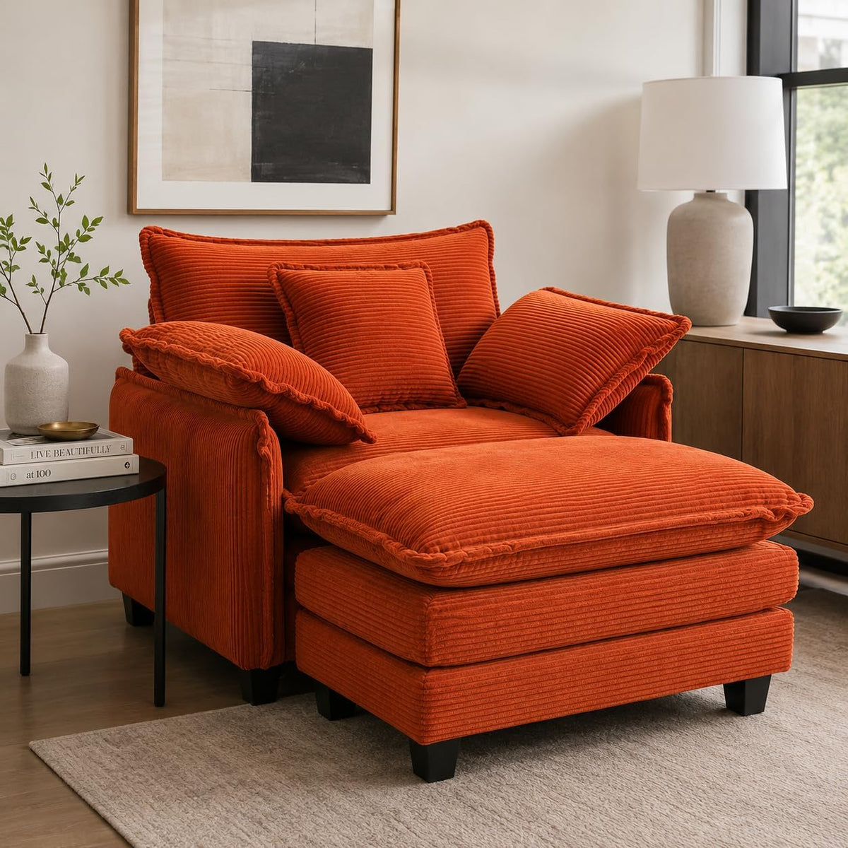 Oversized Chair with Ottoman, Corduroy Reading Chair with Footrest, Comfy Accent Armchair for Living Room Bedroom, Single Sofa Lounge Chair, 350 lbs (Orange)