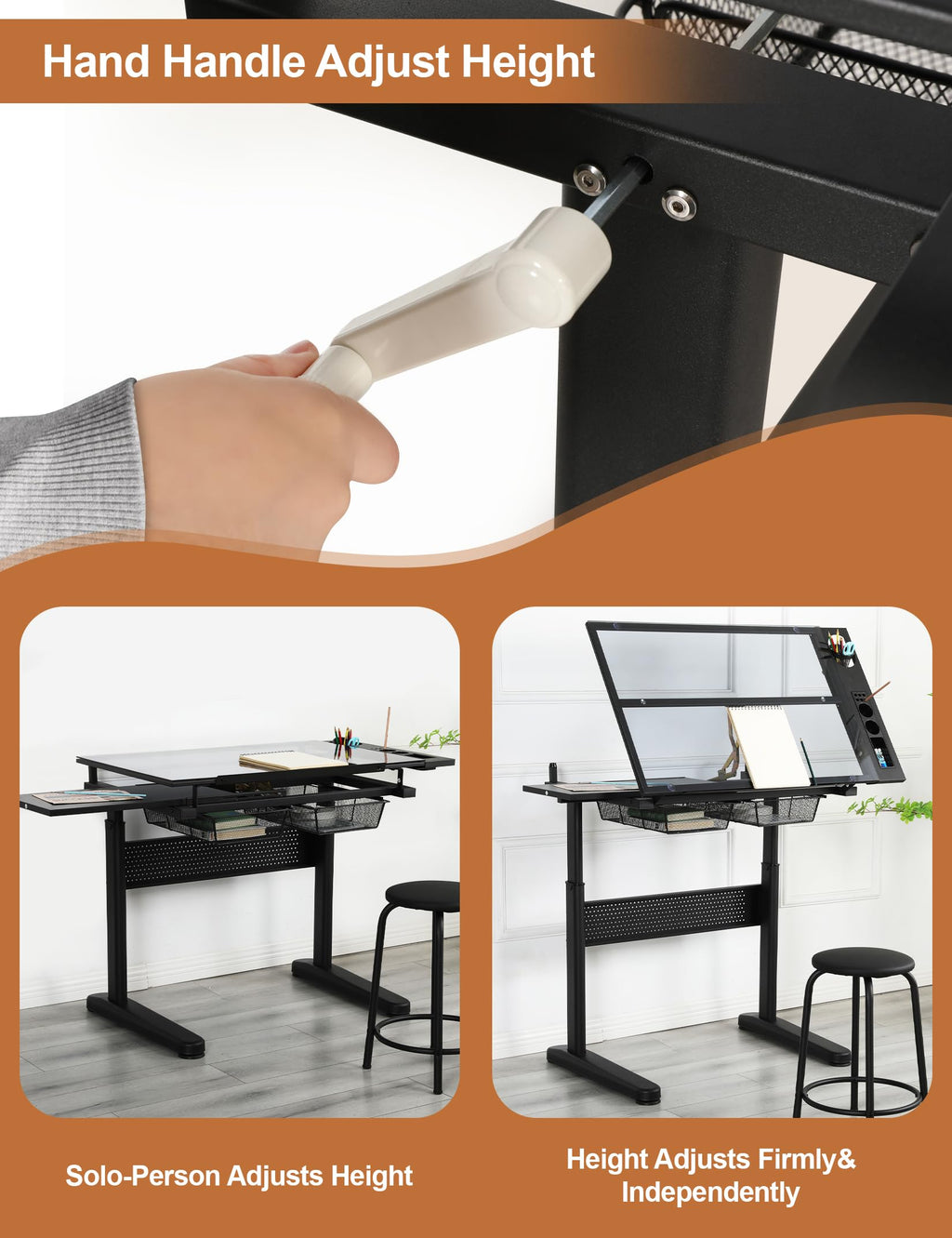 Adjustable Drawing Table for Artists | Drafting Desk with Tilted Glass Top | Art & Craft Table for Adults (Black, Classic Pro-27.16''- 35.82'' H)