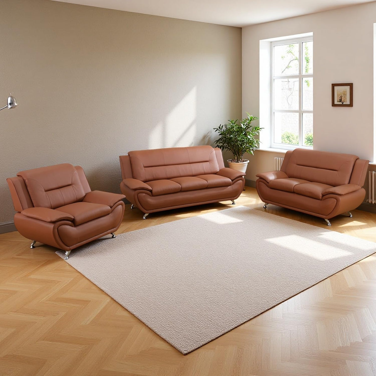 Leather Sectional Sofa Couches, Living Room Sofa and Loveseat Set, Faux Leather Couch and Loveseat Set for Office/Bedroom/Apartment, Cream