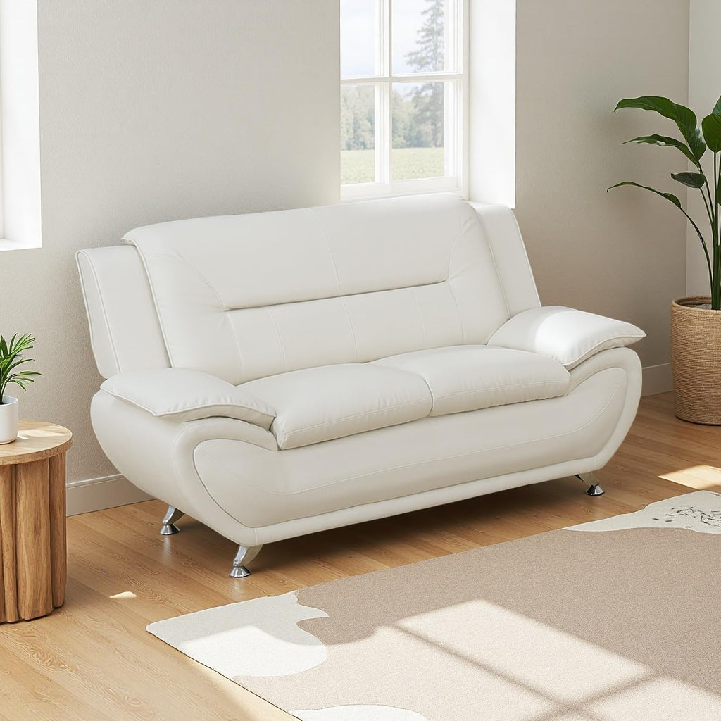 Leather Sectional Sofa Couches, Living Room Sofa and Loveseat Set, Faux Leather Couch and Loveseat Set for Office/Bedroom/Apartment, Cream
