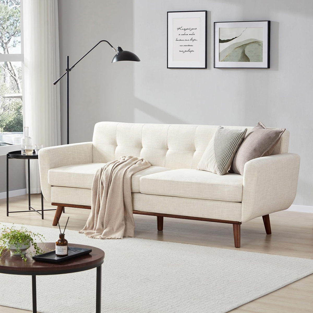 Kingfun 2 Piece Loveseat and Sofa Sets, Mid Century Modern Love Seat Couches for Living Room, Button Tufted Upholstered Furniture, Small Couch for Bedroom, Office, Beige