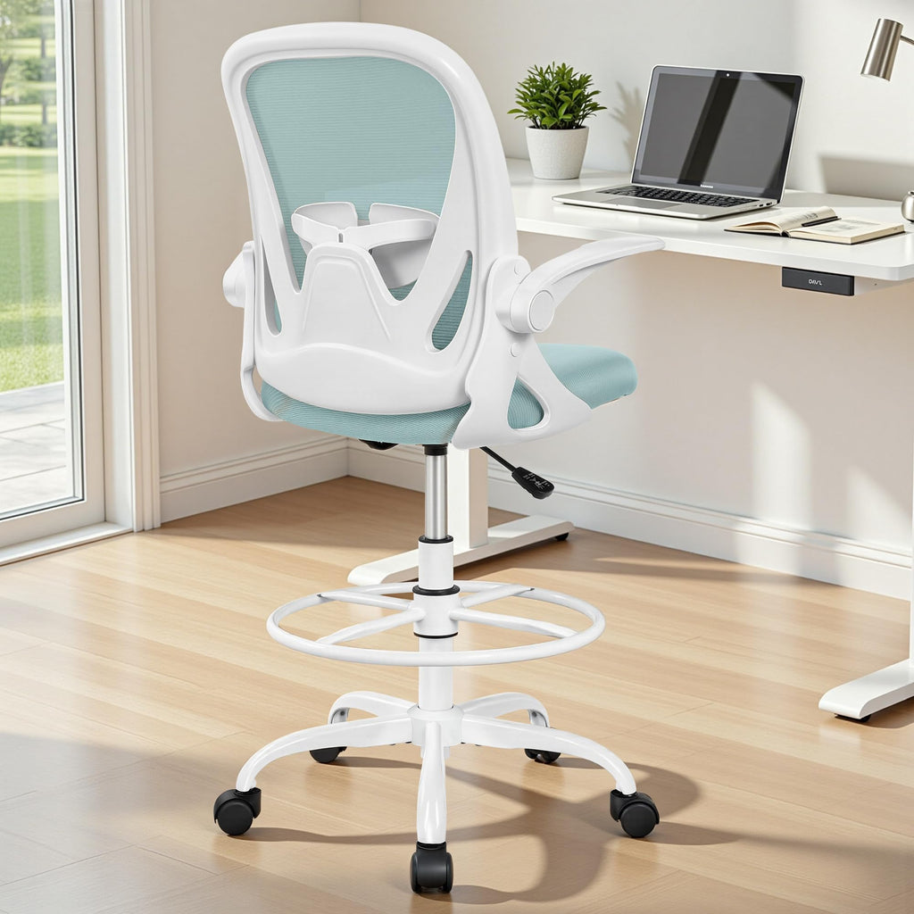 Drafting Chair Tall Office Chair with Flip-up Armrests, Adjustable Height, and Enhanced Lumbar Support - Ergonomic Rolling Stool, Back Support, and Adjustable Foot Rest Ring for Standing Desk White
