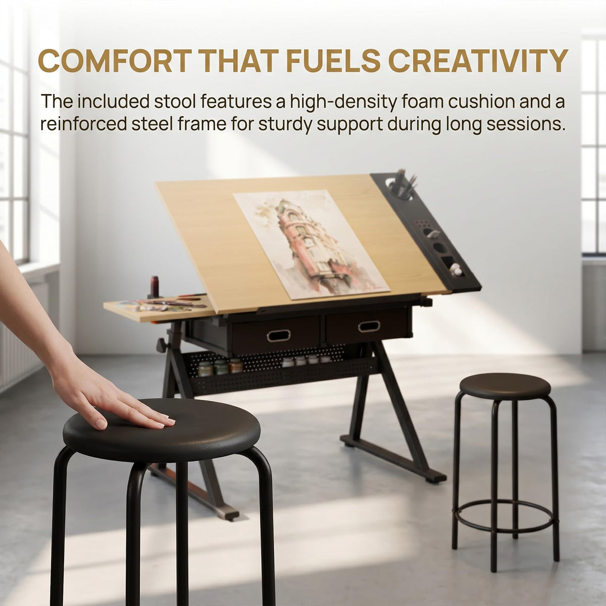 Height Adjustable Drafting Table w/Stool, Painting Table Art Craft Desk Crafting Drawing Desk with Tilting Tabletop, 2 Storage Drawers for Artist Painters (Rustic Brown)