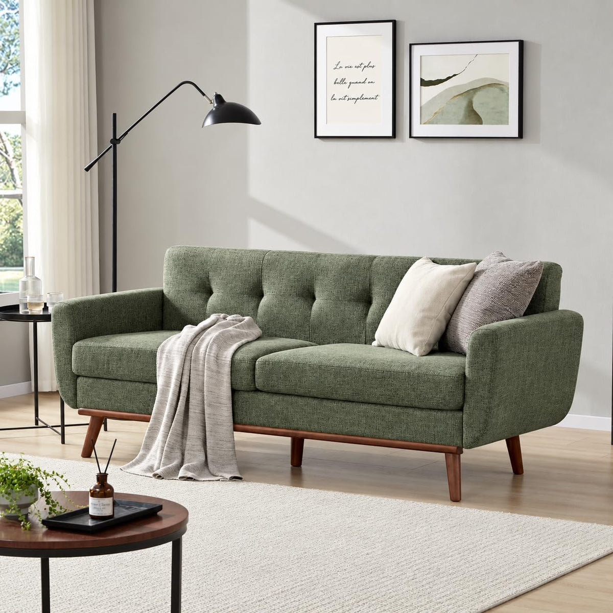 Kingfun 2 Piece Loveseat and Sofa Sets, Mid Century Modern Love Seat Couches for Living Room, Button Tufted Upholstered Furniture, Small Couch for Bedroom, Office, Beige