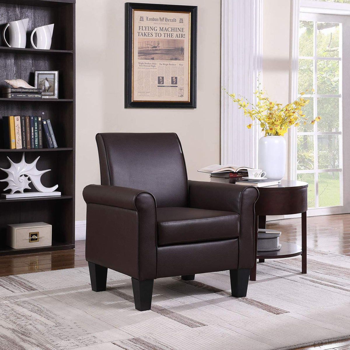 Faux Leather Accent Chair Set of 2, Mid Century Modern Living Room Chair, Upholstered Comfortable PU Leather Armchair for Bedroom, Office or Waiting Areas-Black