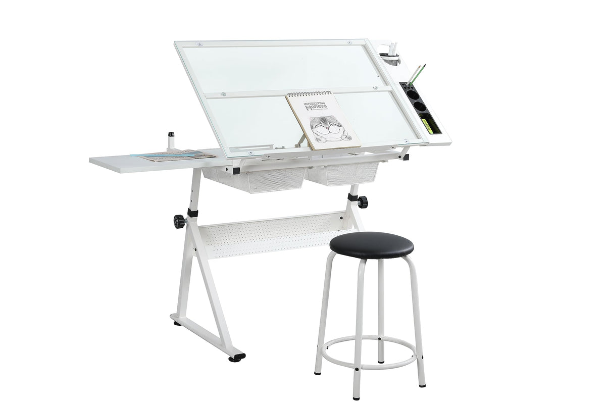 Glass Drafting Table Art Desk â Adjustable Professhional Artwork Drawing Drafting Table Desk, Glass-Topped Art Table for Craft Station Studio Home Office School w/Drawers (Black)