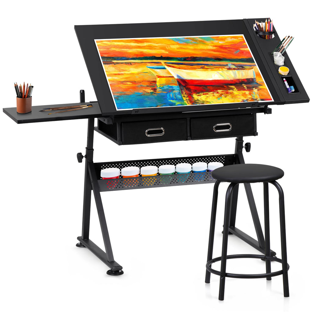 ZENY Adjustable Drafting Table with Stool Tilting Drawing Desk Artist Table
