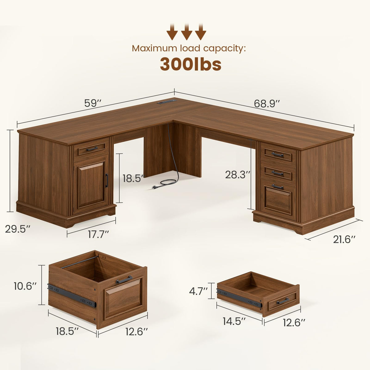 Itaar Farmhouse L Shaped Desk, Executive Computer Desk with Drawers and Storage Cabinet, Home Office Desk with File Drawer and Power Outlet, Corner Desk, Workstation for Office Home, Grey