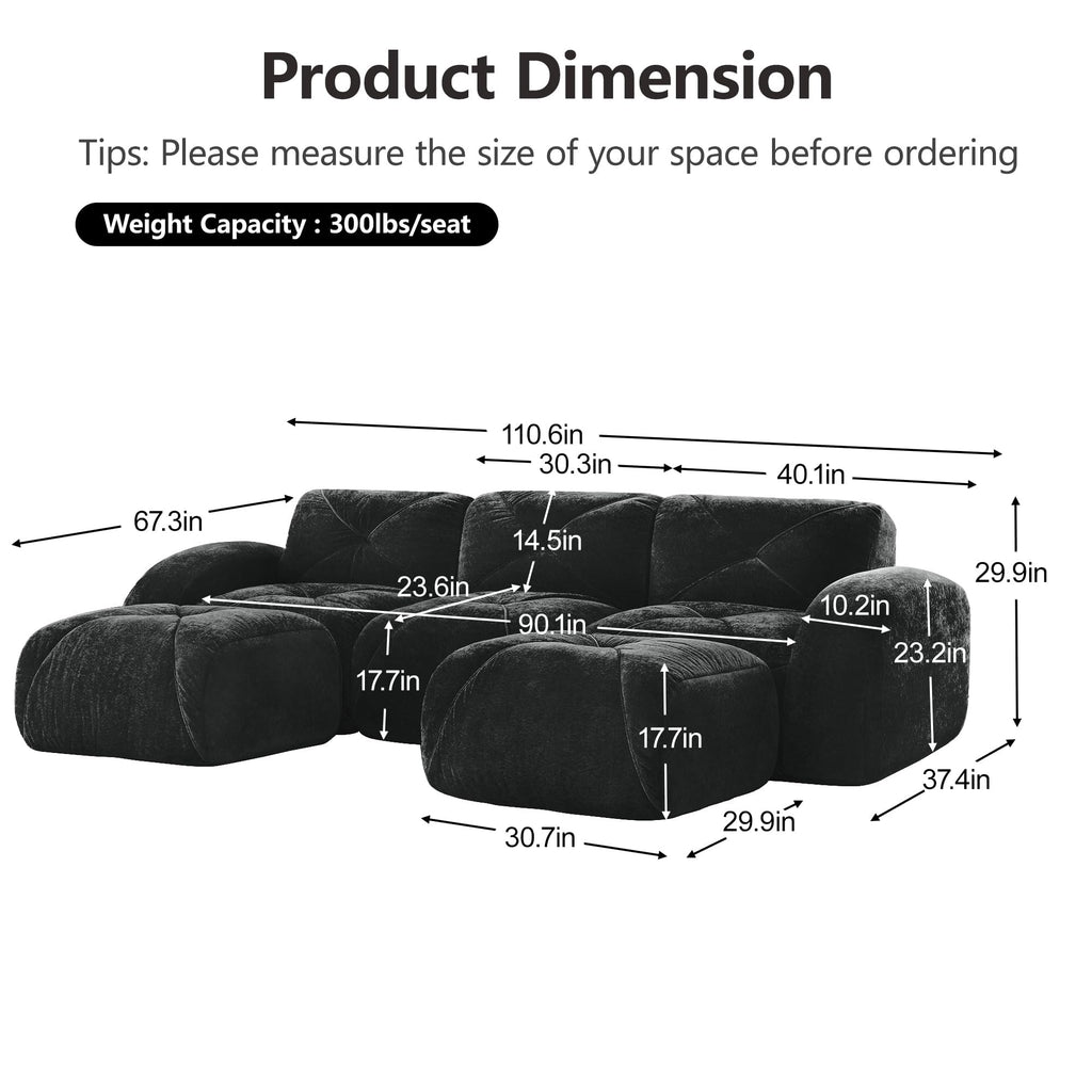 80" Sectional Modular Cloud Couch, Boneless Couch, Loveseat Red