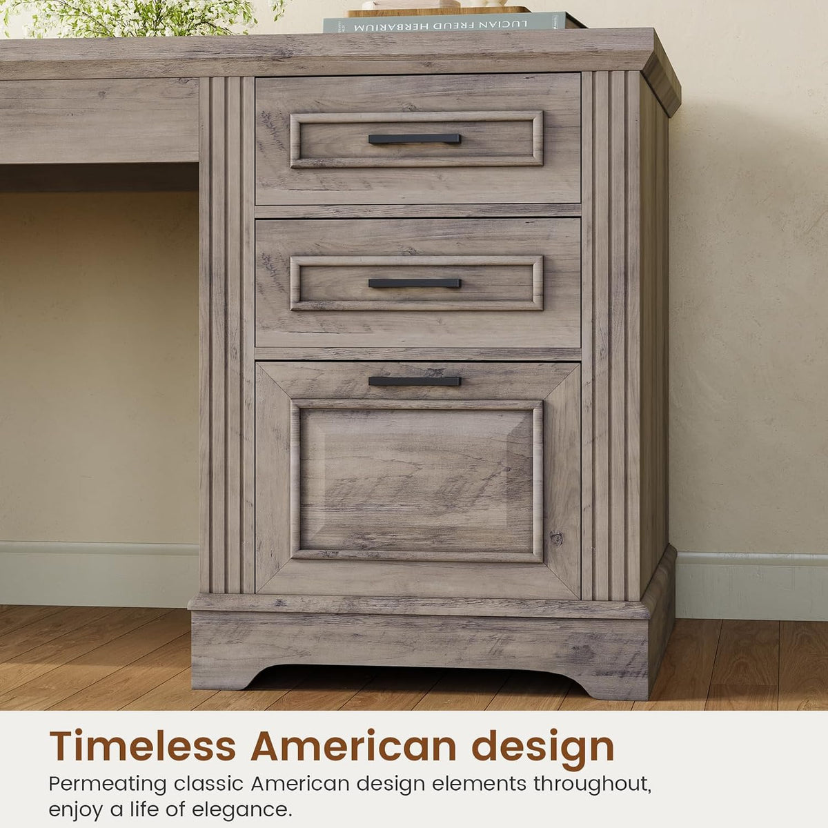 Itaar Farmhouse L Shaped Desk, Executive Computer Desk with Drawers and Storage Cabinet, Home Office Desk with File Drawer and Power Outlet, Corner Desk, Workstation for Office Home, Grey