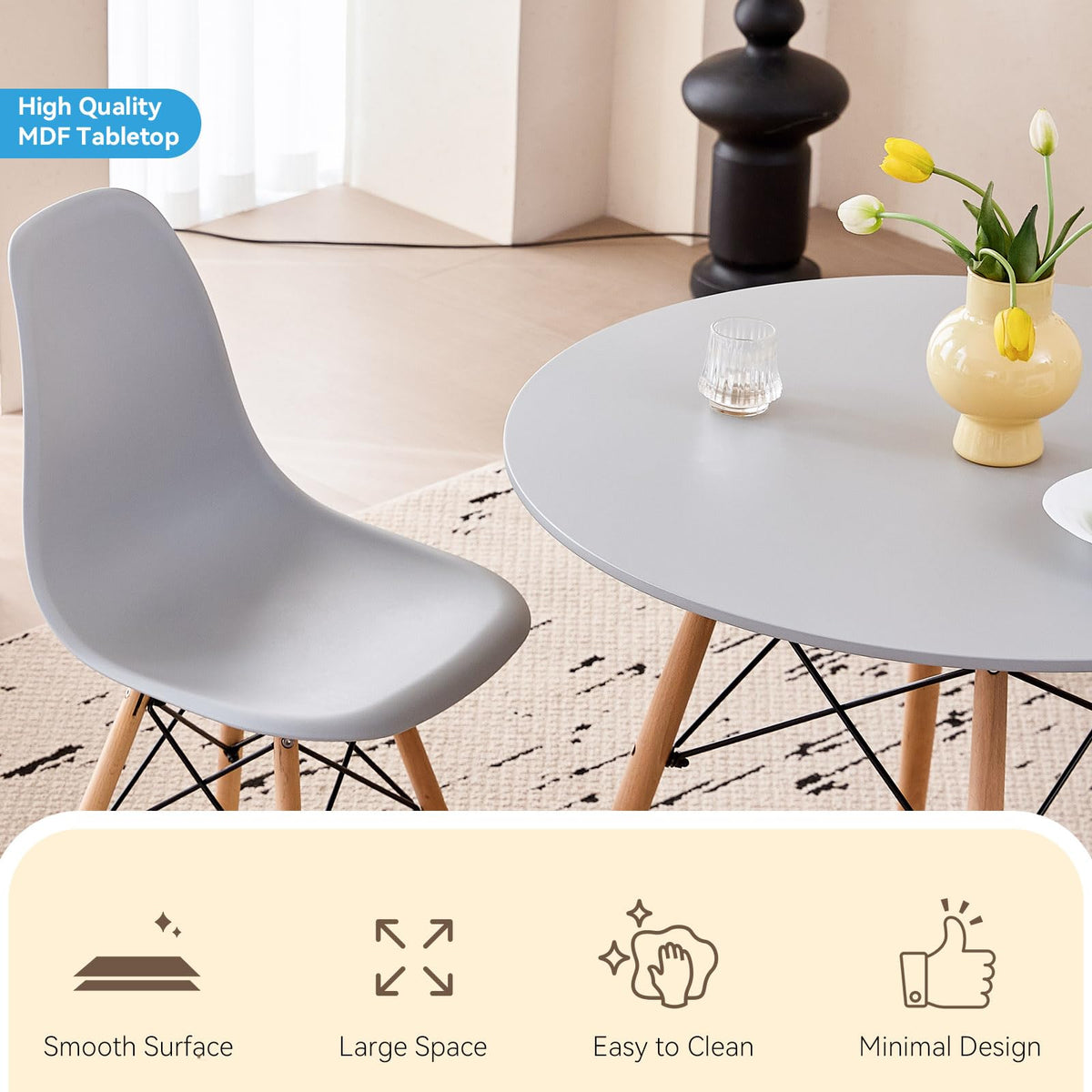 5-Piece Round Dining Set, 35.5" Black Table & Light Gray Chair