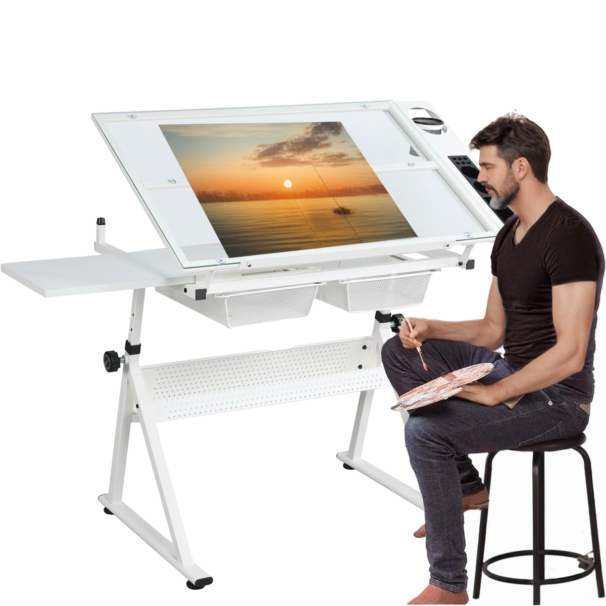 Donfafecuer Adjustable Drafting Table for Adults Professional Art Table 2 Storage Drawers Height Adjustable Home Office Reading Painting Tempered Glass Top Modern Black Design
