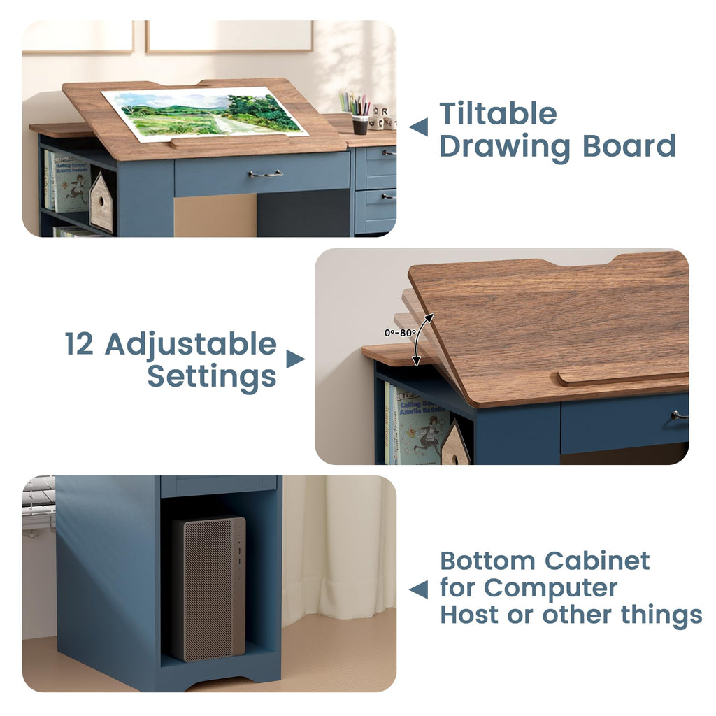Drafting Table with Storage Cabinet & Drawers, Adjustable Drawing Desk with Open Shelves, Craft Table Painting Desk for Artists, Painters, Drawing, Crafting, Reading, Writing, Working