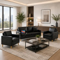 3 Piece Black Faux Leather Modern Small Couch and Chair Set for Office