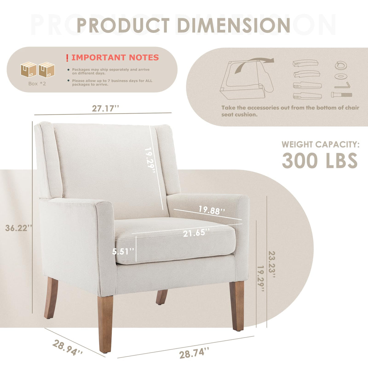 COLAMY Modern Wingback Living Room Chair, Upholstered Fabric Accent Armchair, Single Sofa Chair with Lounge Seat and Wood Legs for Office/Bedroom/Reading Spaces, Beige