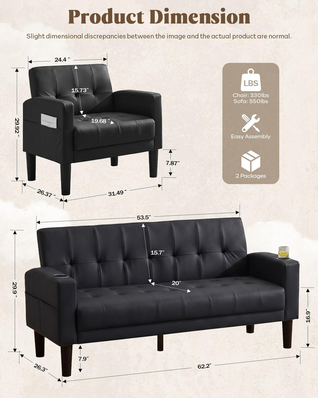 2 Piece Dark Grey Fabric Linen Mid Century Modern Living Room Sofa Set