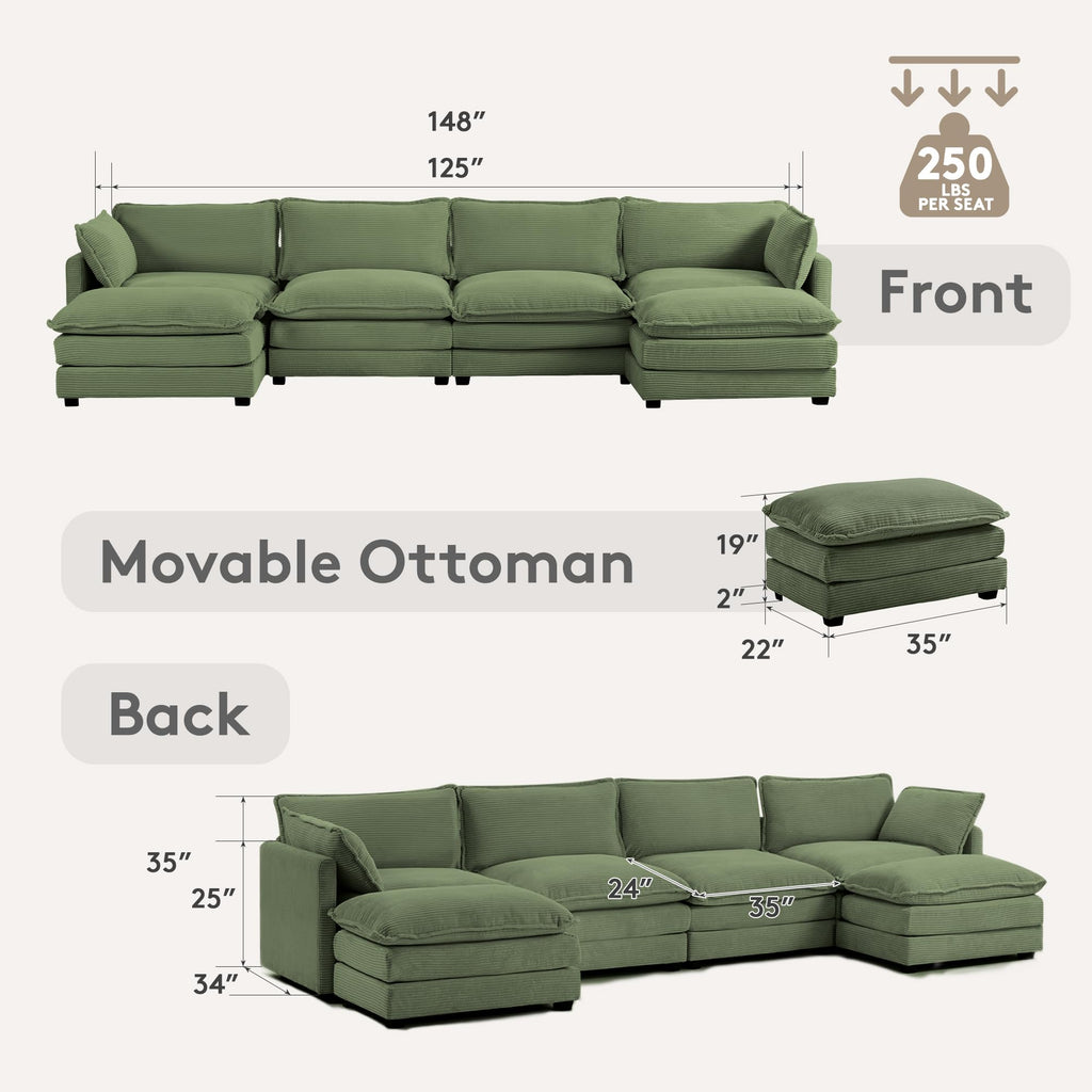 ROWHY 41'' Single Armchair with Ottoman, Modern Corduroy Cloud Couch with Convertible Chaise, Upholstered Sofa Set for Living Room, Green