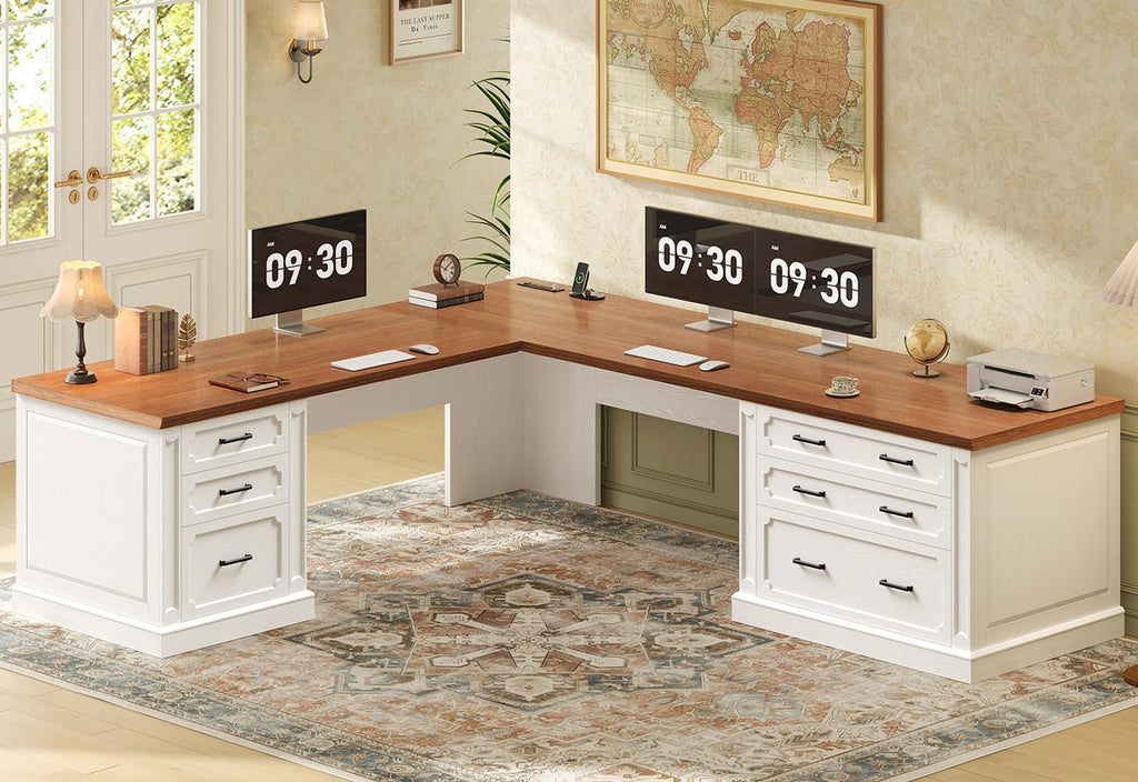 SEDETA Farmhouse 70.9" Executive Desk, Home Office Desk with File Drawers and Storage Cabinet, Computer Desk with Power Outlet for Home Office, Work Study Writing, Black+Brown