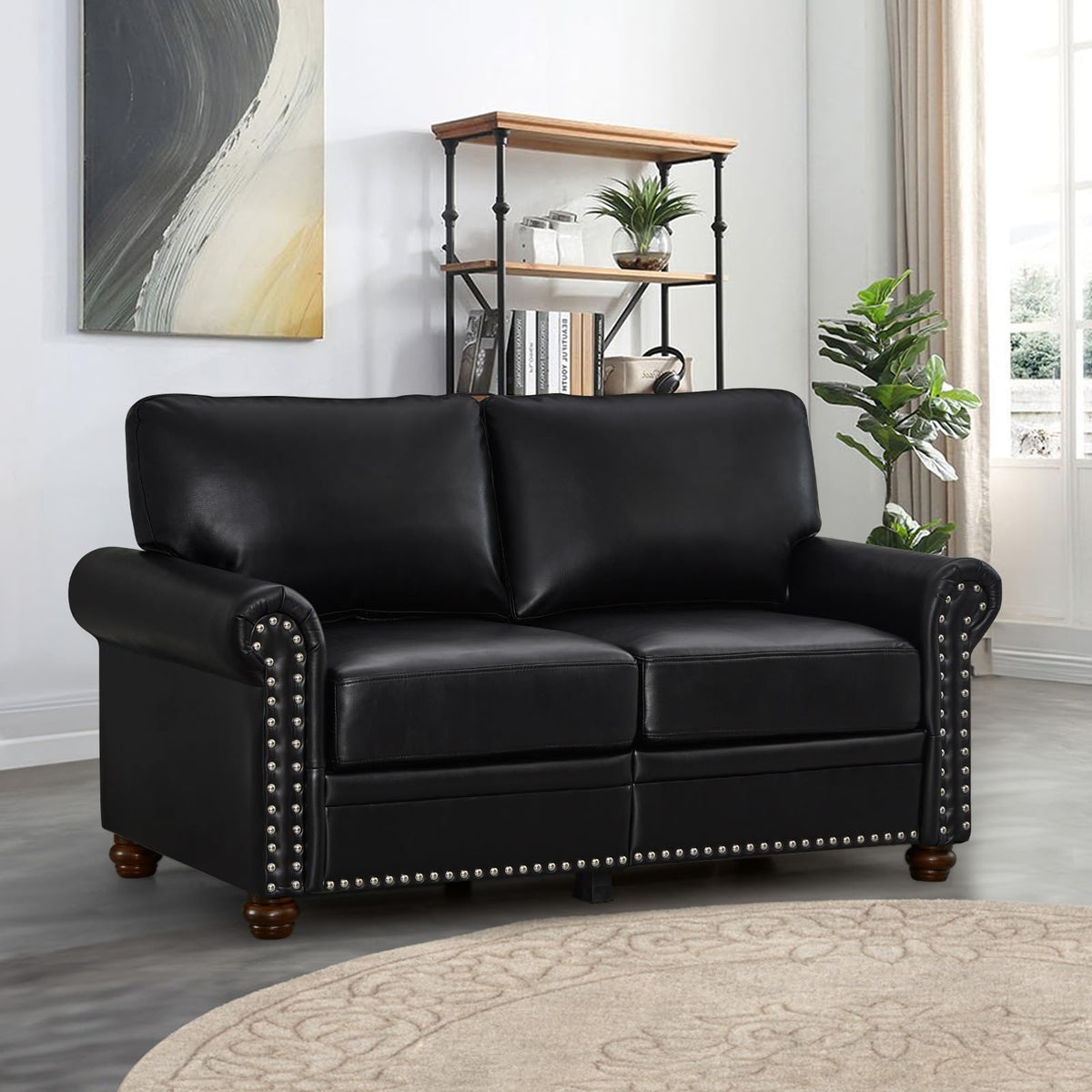2 Piece Faux Leather Sofa Set,Modern Couch and Loveseat Sets with Storage,Mid Century Couch with Rivet Rolled Arm,Comfy Deep Seat Sofa,Furniture for Living Room,Office(Loveseat+3 Seater,Navy)