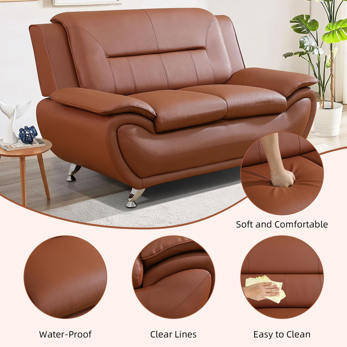 Modern Leather Sofa Set, Living Room Furniture, 3 - Piece Couch Set, Faux Leather Couch Loveseat Chair Set with Sturdy Legs for Living Room/Bedroom/Office,Black