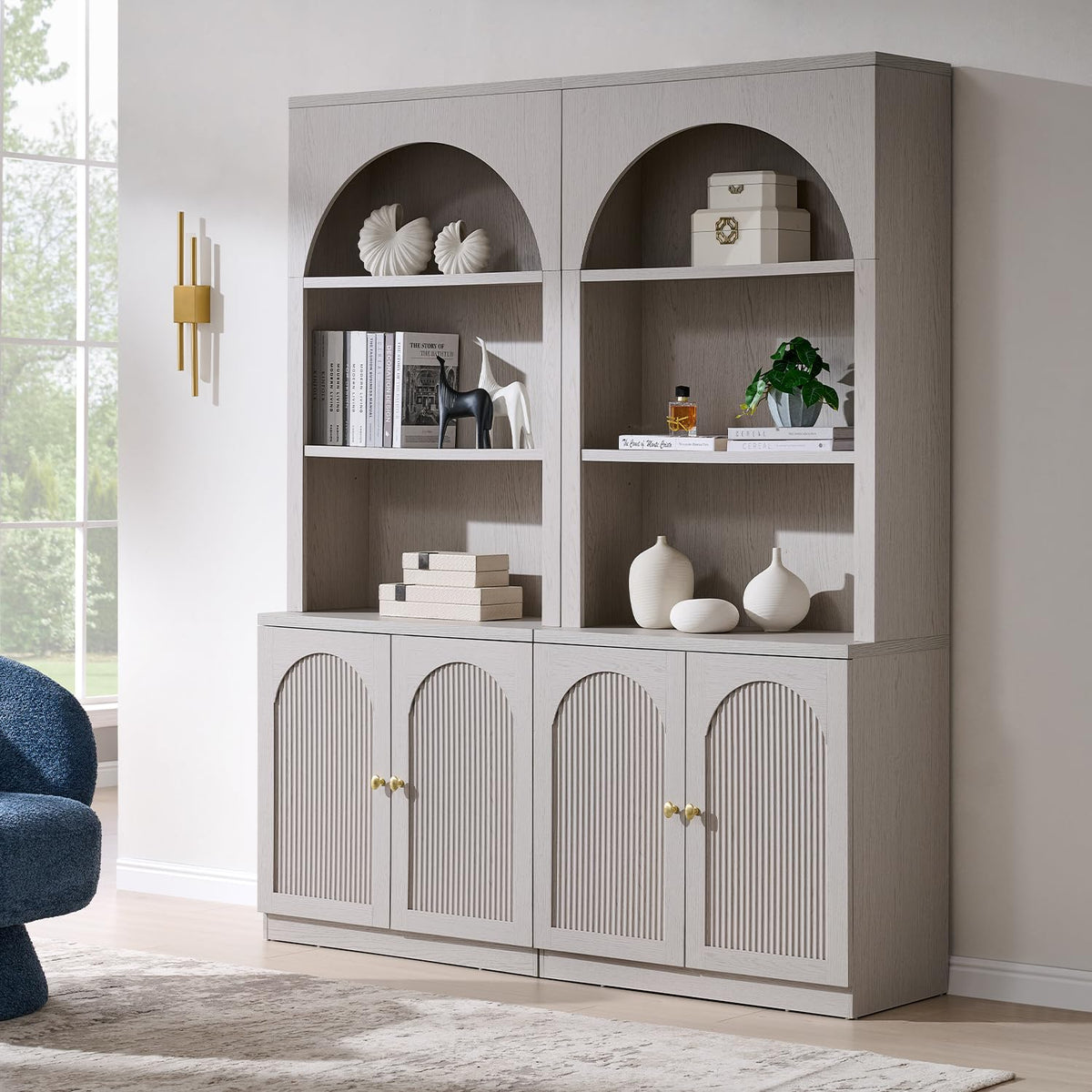 77.6" Tall Arched Bookshelf, Wood Bookcase w/Fluted Arched Door, Light Grey