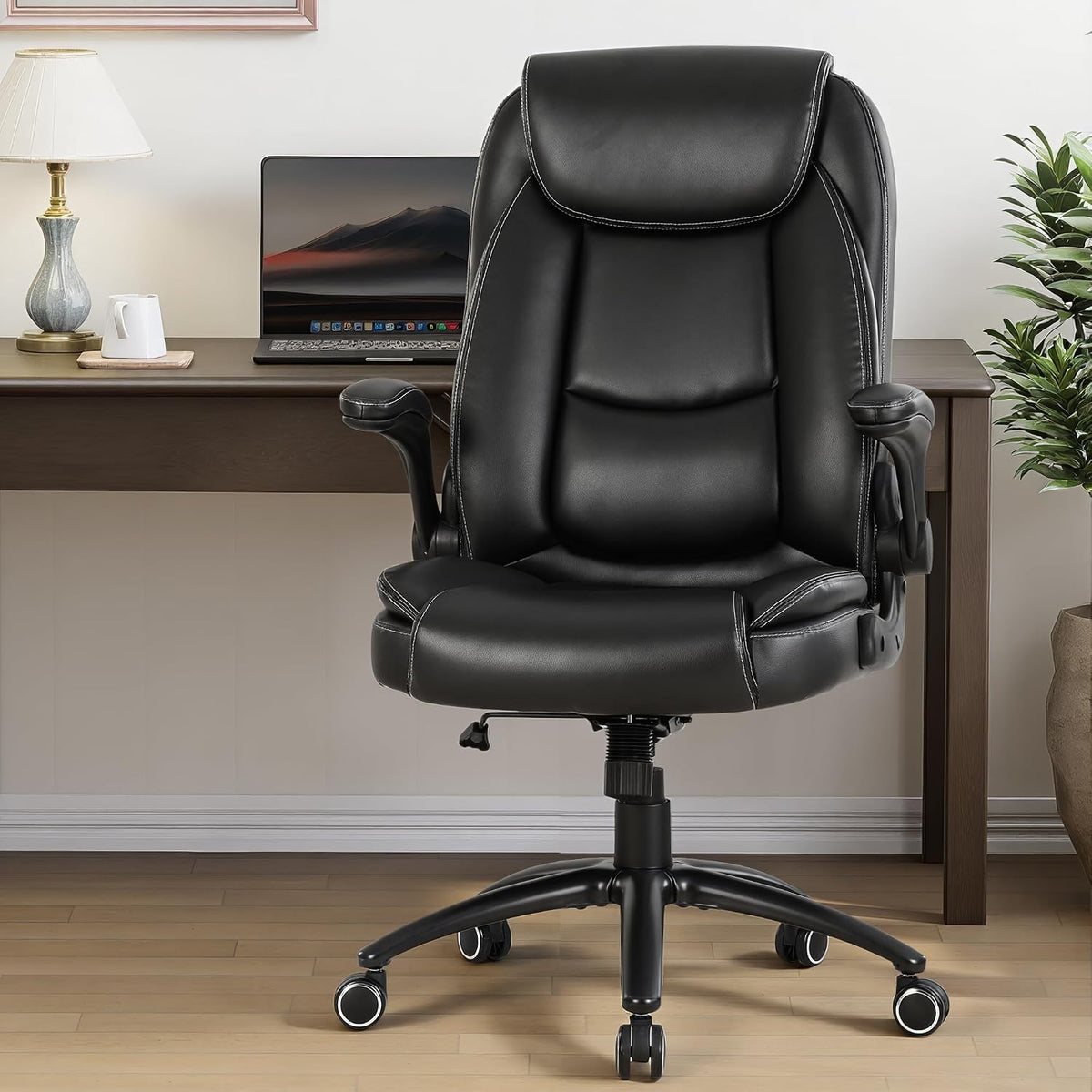 300lbs Capacity Executive Desk Chair with Ergonomic Lumbar Support, Flip-up Arms & High Back Leather Computer Chair for Home/Office, Black