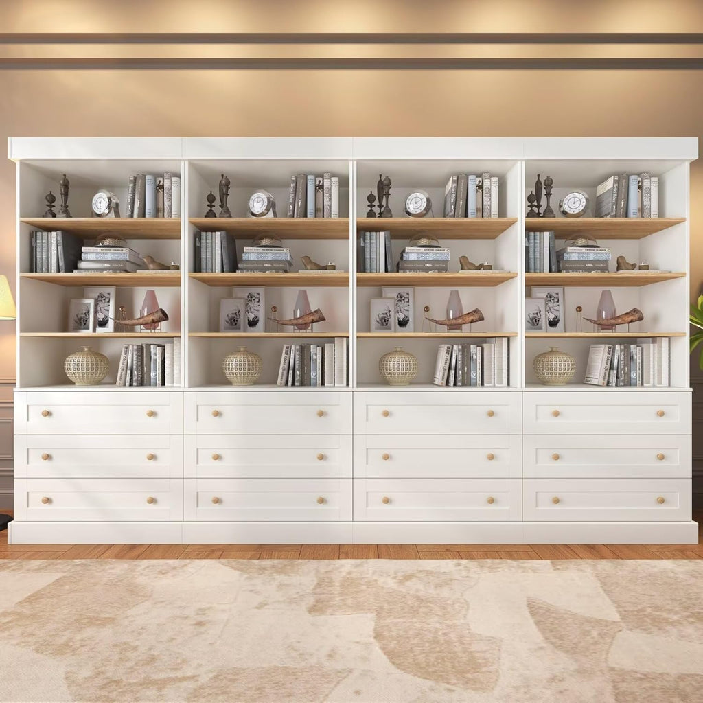 Vyre 71" Tall Farmhouse Bookshelves with Drawers, Set of 3 â Large Modular Bookcase with Adjustable Shelves, Storage Cabinet for Living Room, Kitchen, Home Office, Brown