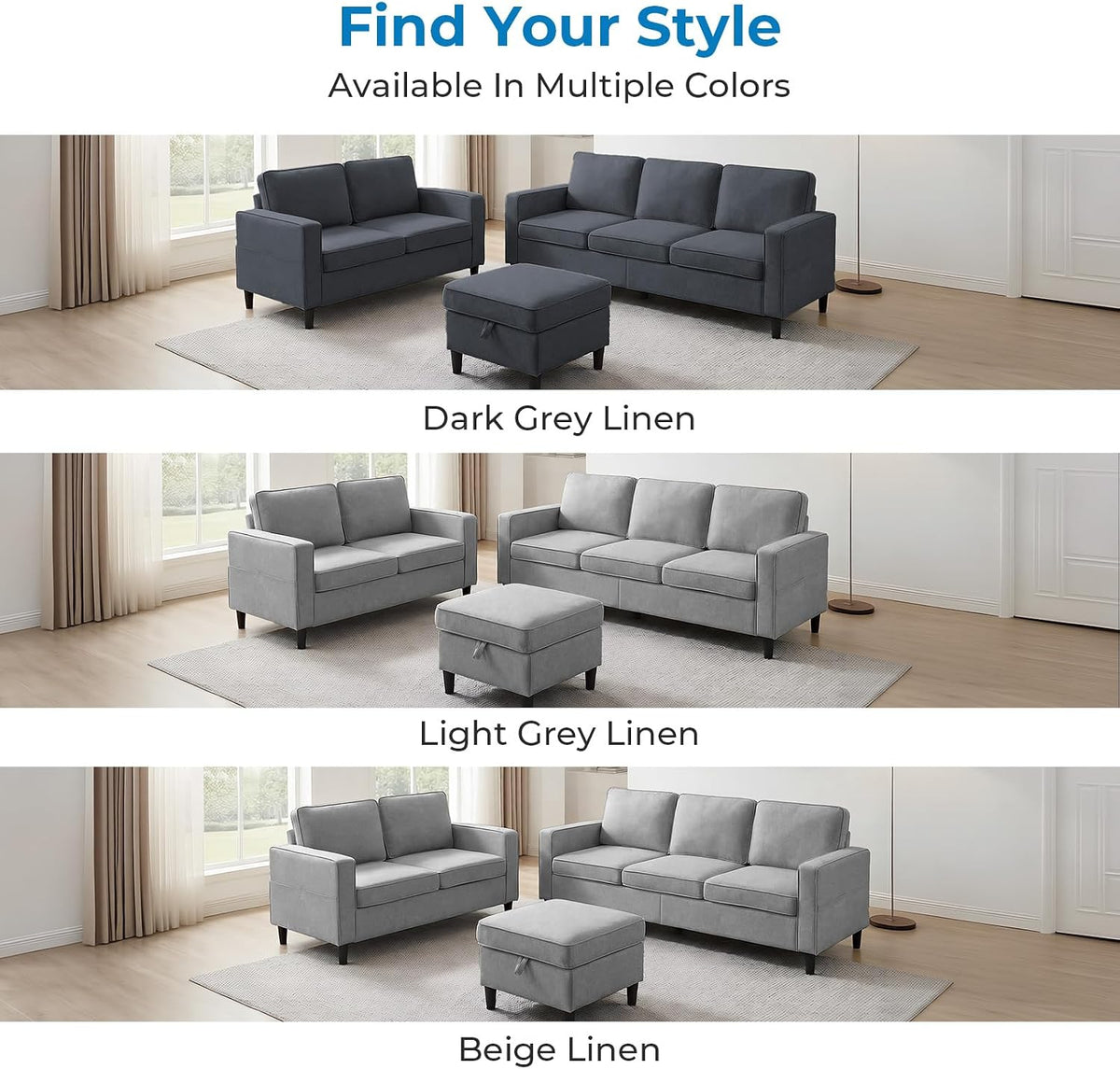 Mjkone 78"W 3 Pieces Sofa Couches Set for Living Room Sets Furniture, Sectional L Shaped 3-Seater Small Sofas Couch and Loveseat Sets with Storage Ottoman and Side Pockets for Home Office, Light Gray