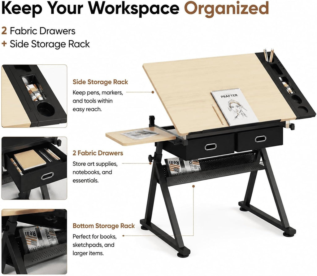 Adjustable Drafting Table with Stool, Tilt-Top Drawing Desk with 2 Drawers