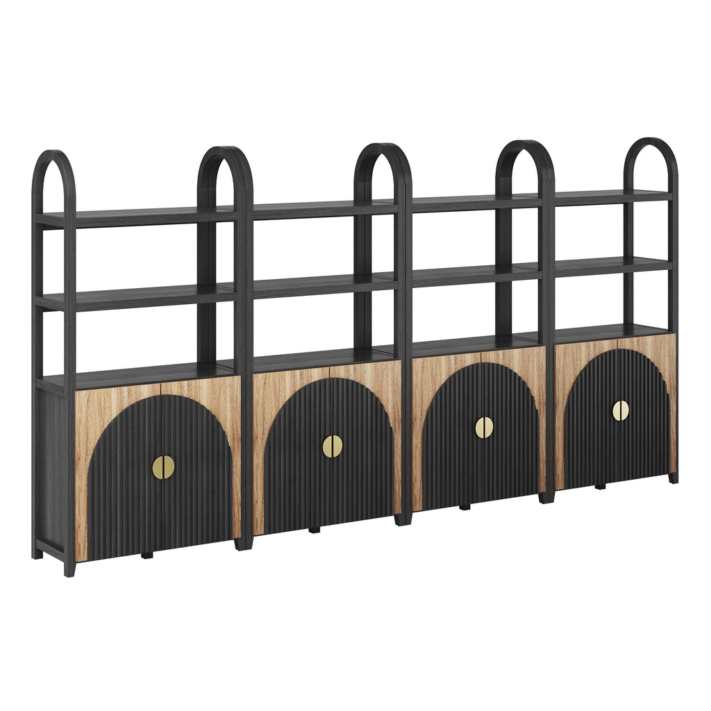BELLEZE Book Shelf 72" Tall Arched Bookcase with Storage, 5 Tier Mid Century Modern Fluted Bookshelf with Doors, Modular Bookshelves for Living Room Office Library, Set of 2 (Caramel Brown)
