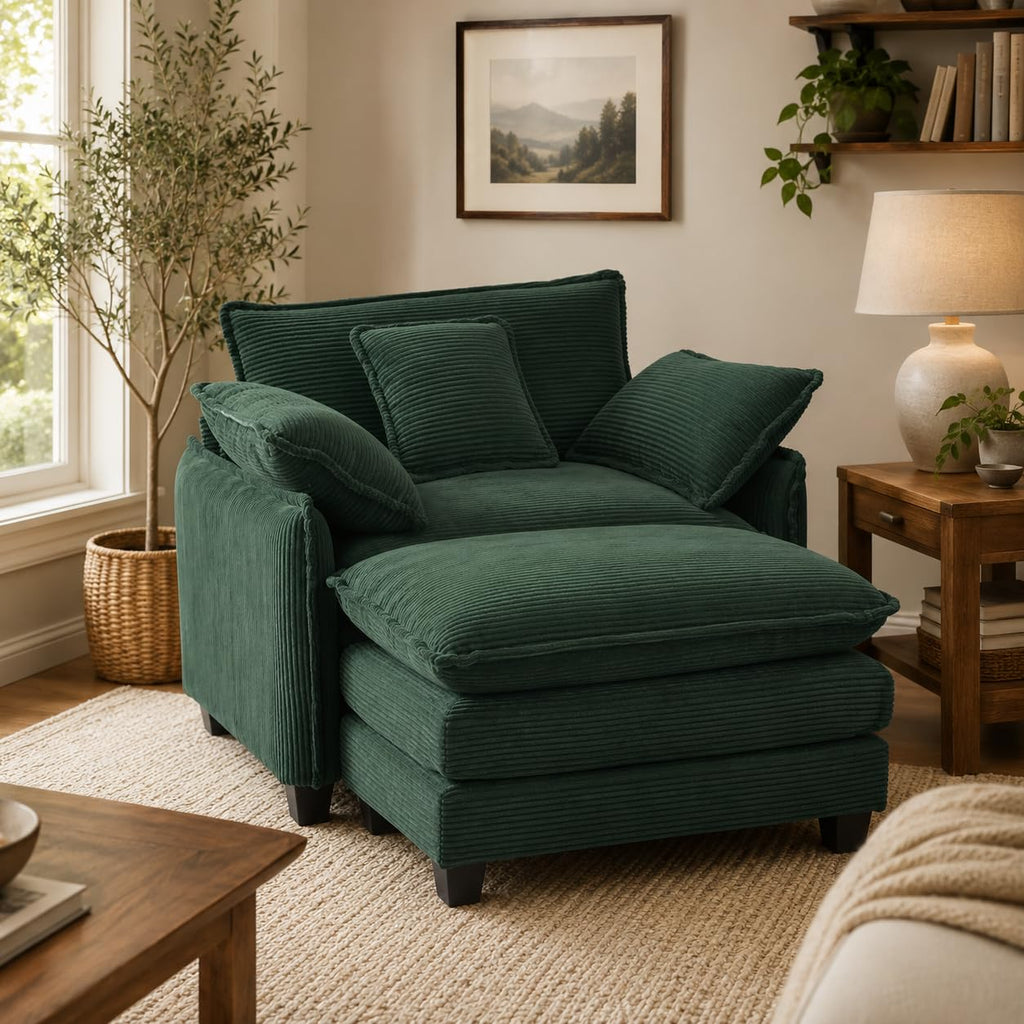 Oversized Chair with Ottoman, Corduroy Reading Chair with Footrest, Comfy Accent Armchair for Living Room Bedroom, Single Sofa Lounge Chair, 350 lbs (Orange)