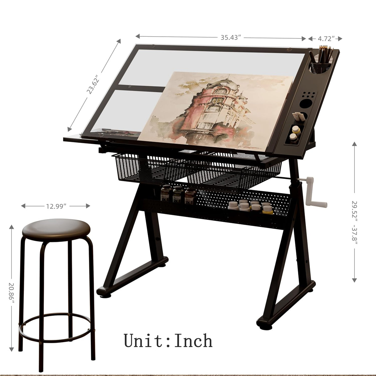 Drafting Table for Artists, Glass Drawing Table with Stool,T1-Black