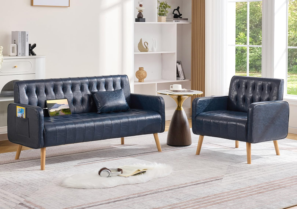 57â Small Faux Leather Loveseat Couch and Accent Chair Set of 2 (3, Black)