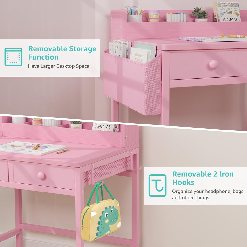 BOLUO White Kids Desk and Chair Set for 5-8 Year Old, Small Child Desk with Fabric Drawer, Children Study Table with Storage Toddler Girls Boys