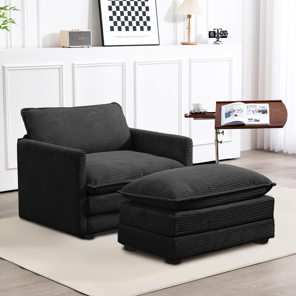 ROWHY 41'' Single Armchair with Ottoman, Modern Corduroy Cloud Couch with Convertible Chaise, Upholstered Sofa Set for Living Room, Green