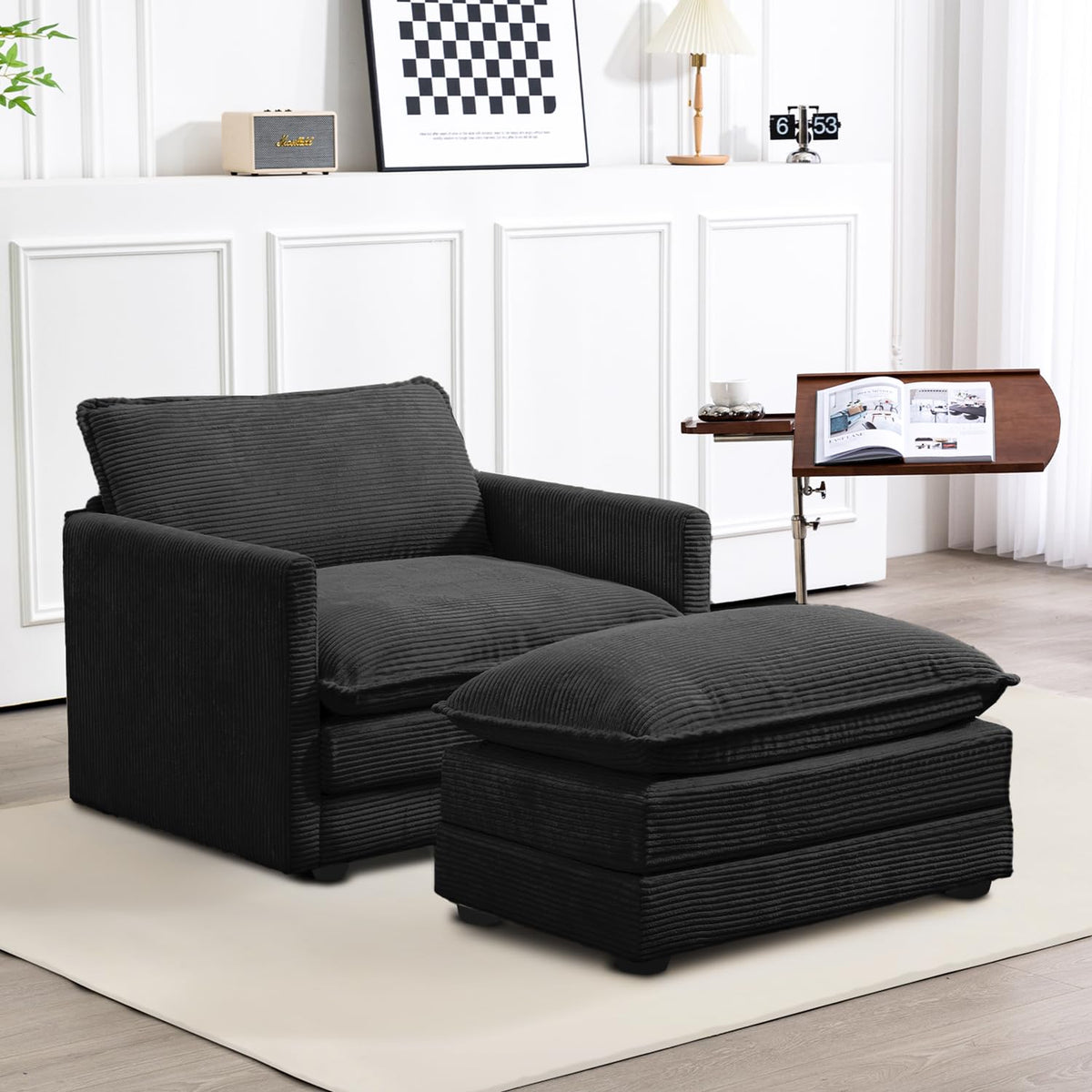 ROWHY 41'' Single Armchair with Ottoman, Modern Corduroy Cloud Couch with Convertible Chaise, Upholstered Sofa Set for Living Room, Green