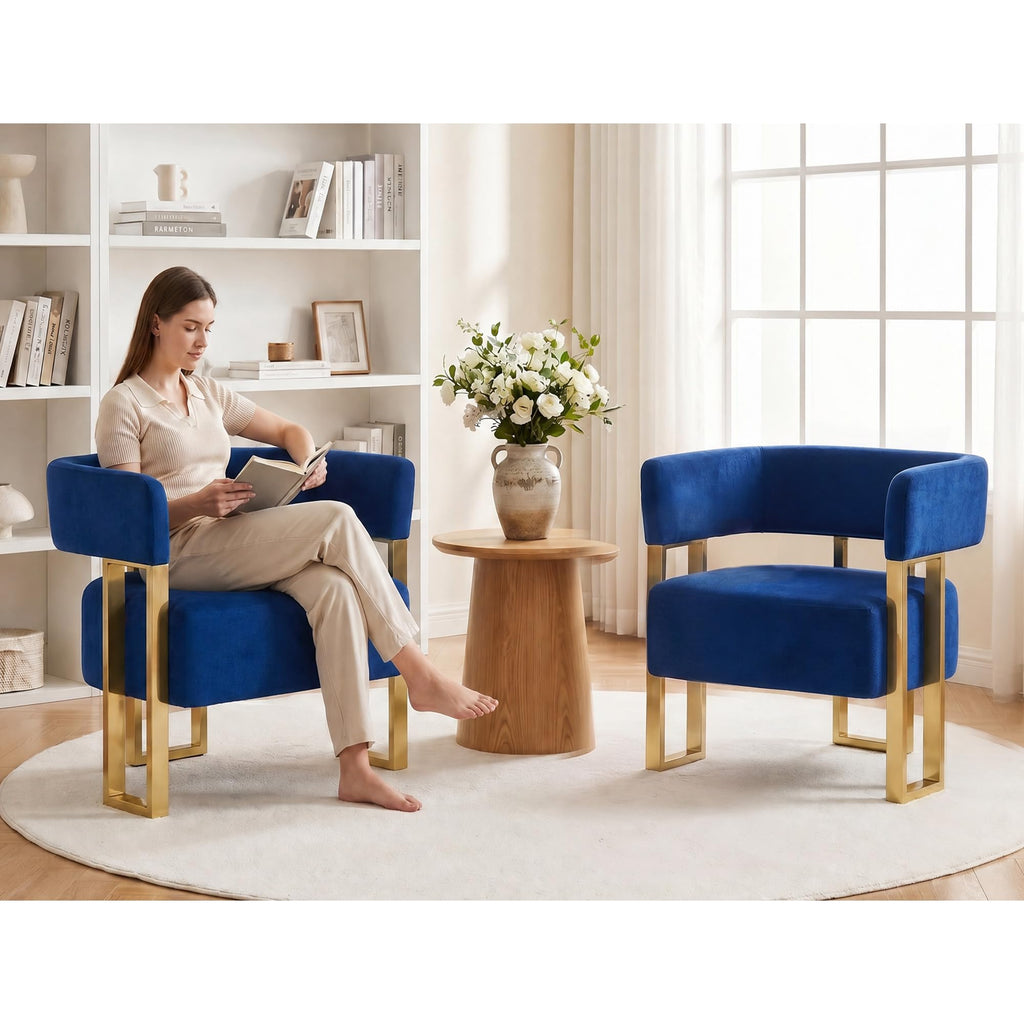 Mid Century Modern Accent Chair Set of 2, Barrel, White Boucle, Gold Leg