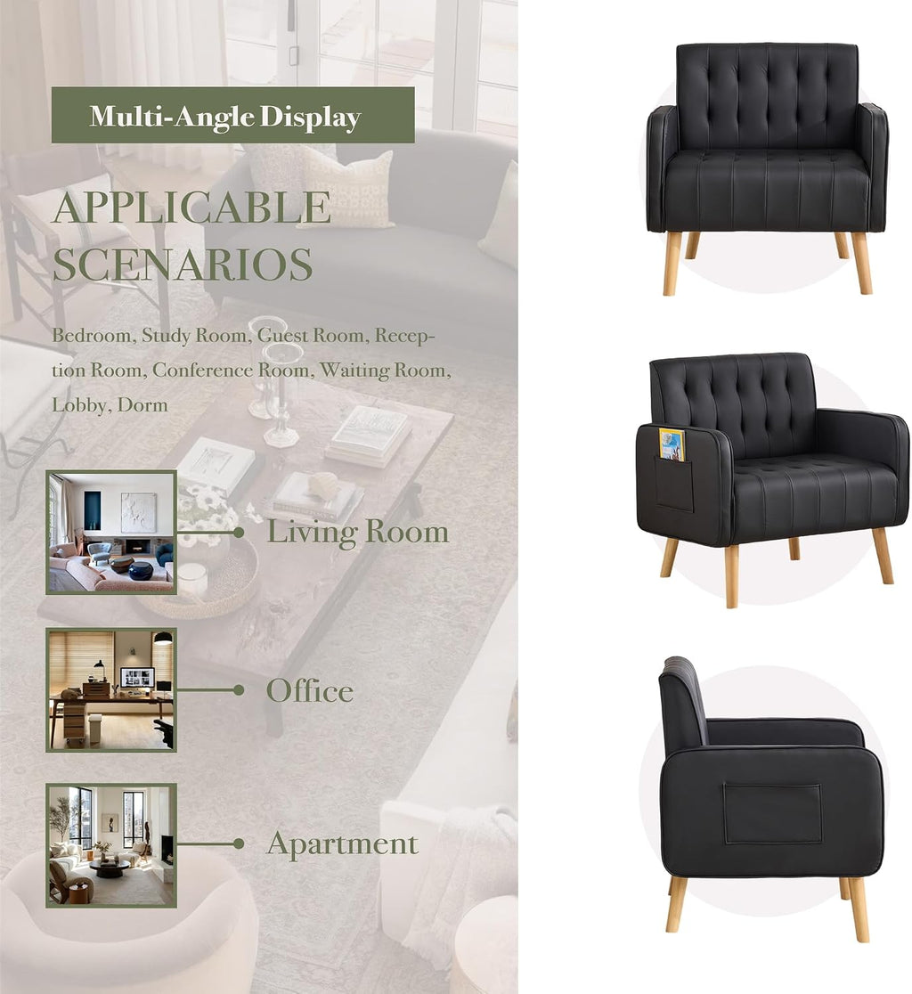 Leather Accent Chair Set of 2, Living Room Chair with Wooden Legs (Black)