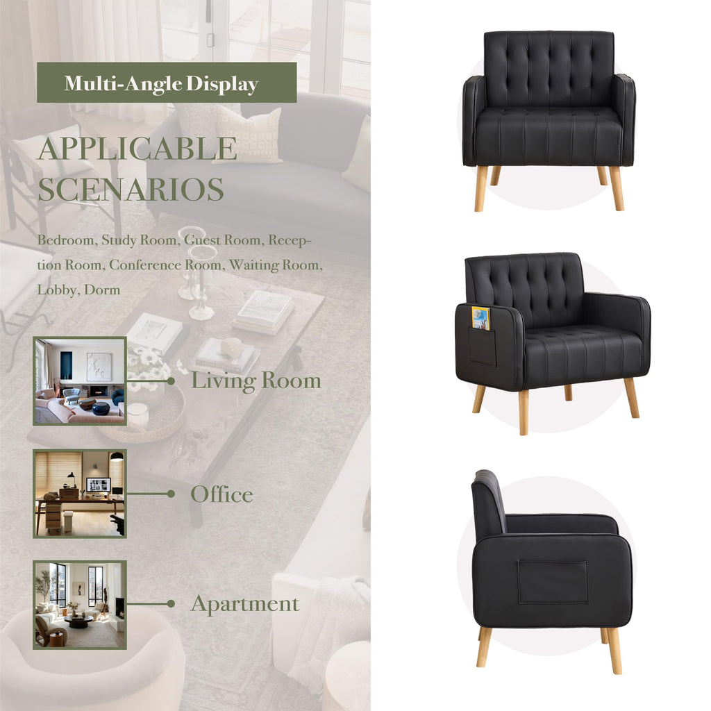 Leather Accent Chair Set of 2, Living Room Chair with Wooden Legs (Black)