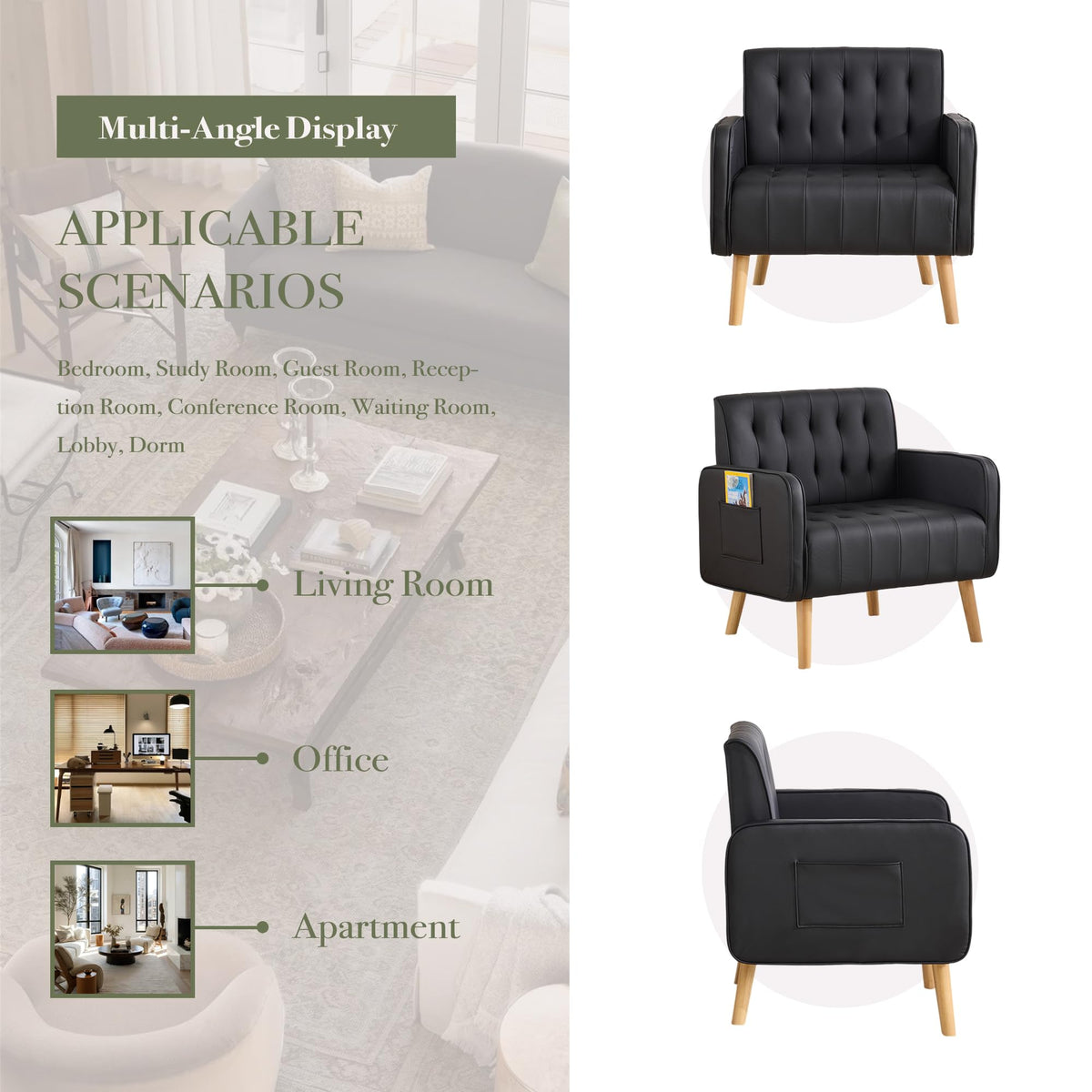Leather Accent Chair Set of 2, Living Room Chair with Wooden Legs (Black)