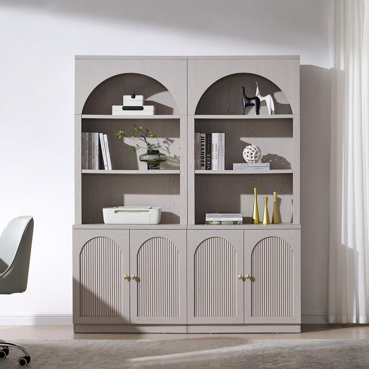 77.6" Tall Arched Bookshelf, Wood Bookcase w/Fluted Arched Door, Light Grey