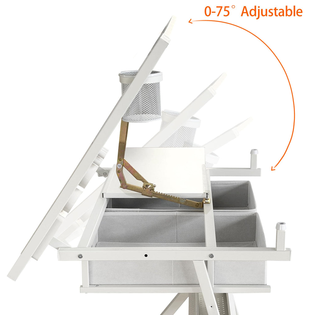 White Drafting Table with Stool, Height Adjustable Art Craft Desk with Tilting Tempered Glass Tabletop, Expansion Board, Multi-Storage, Drawing Table for Studio, Artists, Home Office, Painters, White