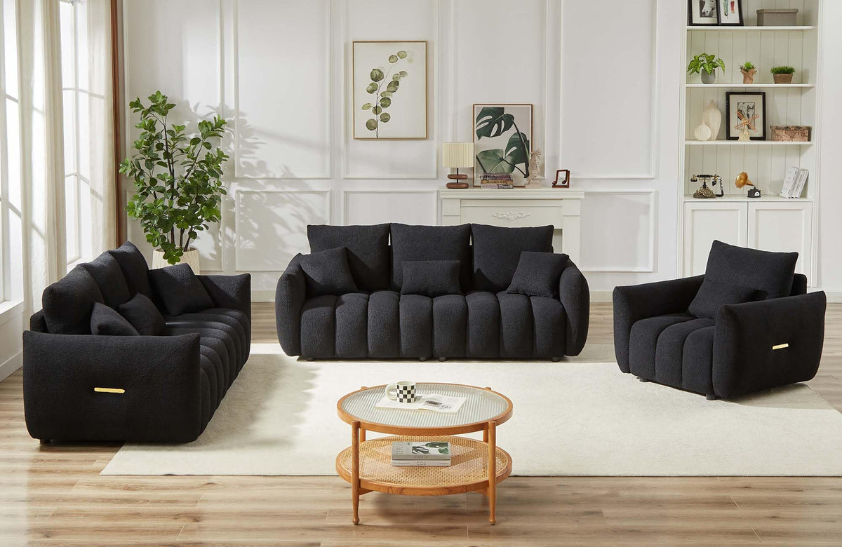 Antetek Teddy Fabric Sofa Set for Living Room, 2 Pieces Modern Deep Seat Oversized 3-Seater Cloud Boucle Couch for Bedroom, Office, Apartment, Furniture Set, 78-inch, Black (2 Pieces)