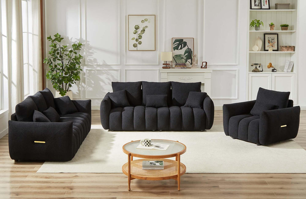 Antetek Teddy Fabric Sofa Set for Living Room, 2 Pieces Modern Deep Seat Oversized 3-Seater Cloud Boucle Couch for Bedroom, Office, Apartment, Furniture Set, 78-inch, Black (2 Pieces)