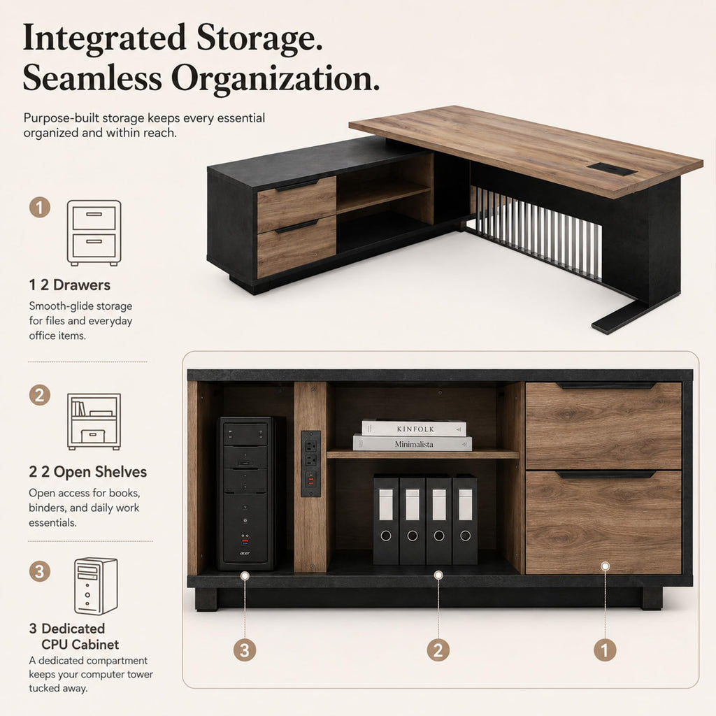 78.7 Inch Large Executive Desk with Drawers Cabinet, L Shaped Office Desk, Computer Desk with Universal Charging Ports and Cable Management for Business Furniture Set Workstation for Home Office